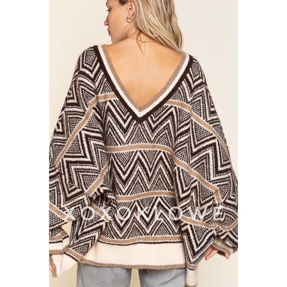 POL Brown Multi Aztec Pattern V Neck Sweater Oversized Slouchy Fit - Picture 6 of 11